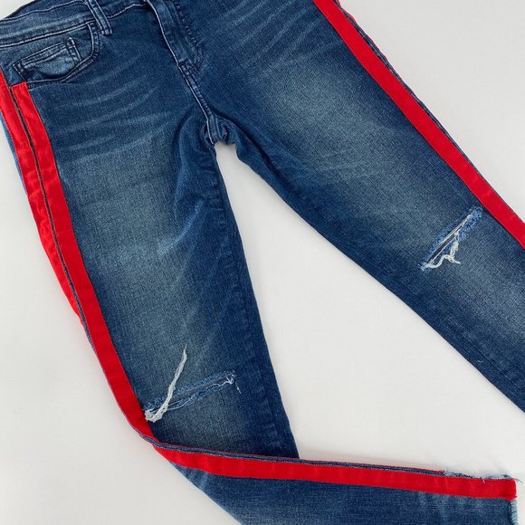 Etienne Marcel Tammy Side Stripe Skinny Double Red Ribbon High Low Raw Hem Jeans - Picture 4 of 16